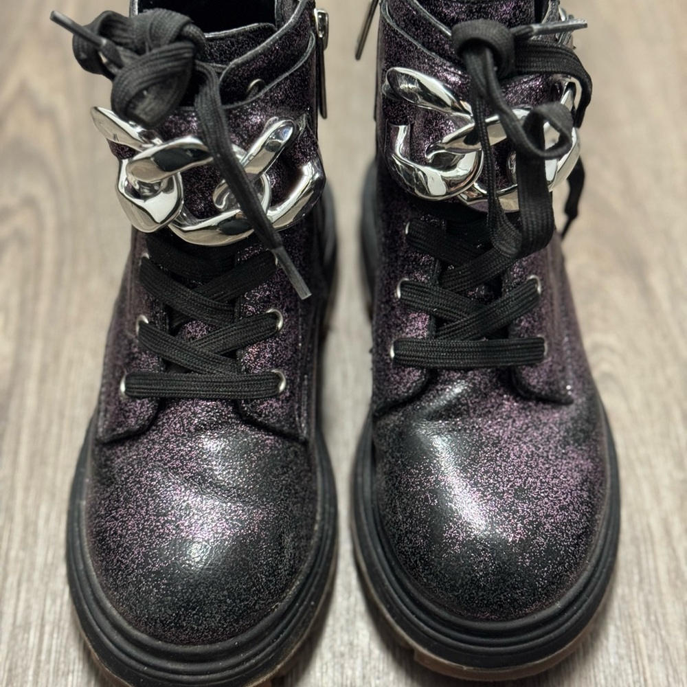 Black and Purple Glitter Boots with Silver Chain